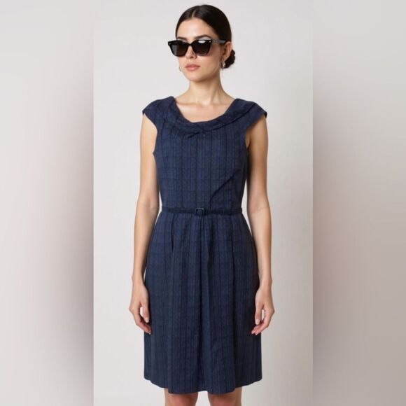 David Meister Navy Blue Textured Draped Neck Belted Dress Size 14 - Picture 1 of 6